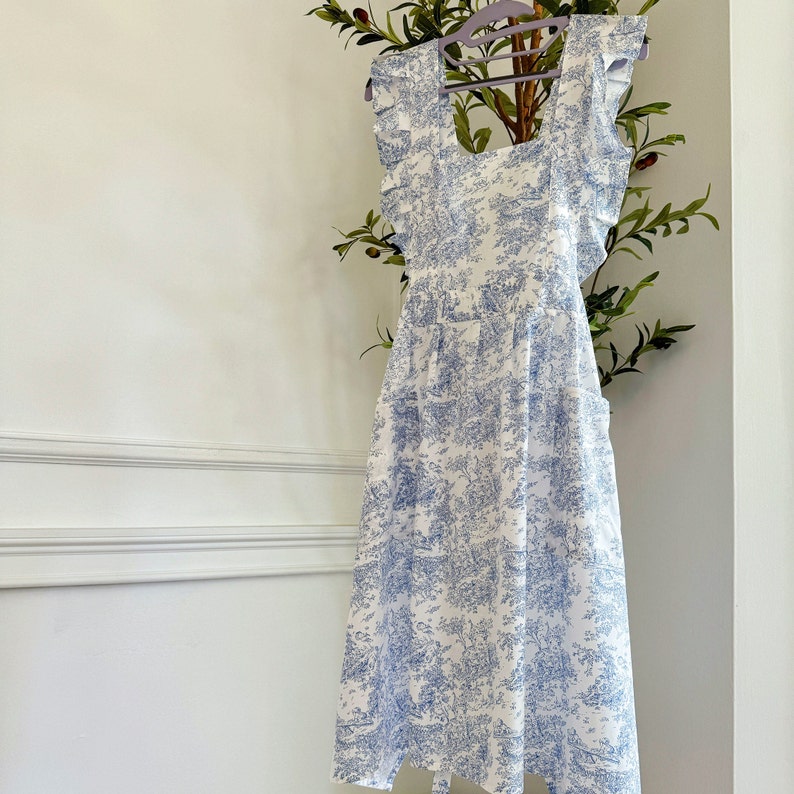 Cotton Apron Dress Toile de Jouy Kitchen Apron Gardening Florist Apron Art Apron with Pockets Korean Vintage Apron Wedding Gift for Her