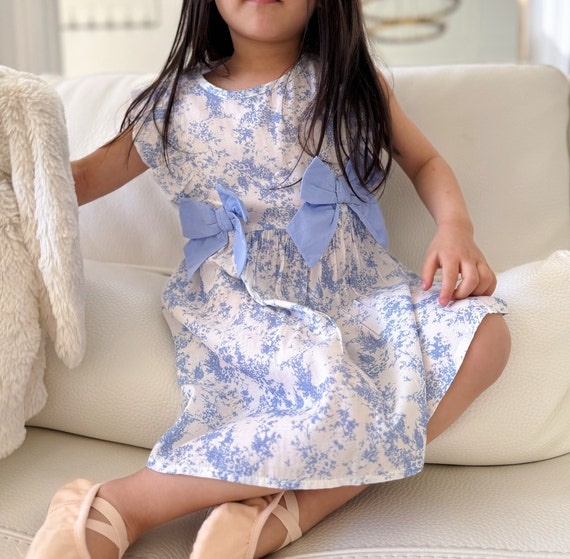 Girls' Toile de Jouy Dress: Blue & White Summer Dress with Bows
