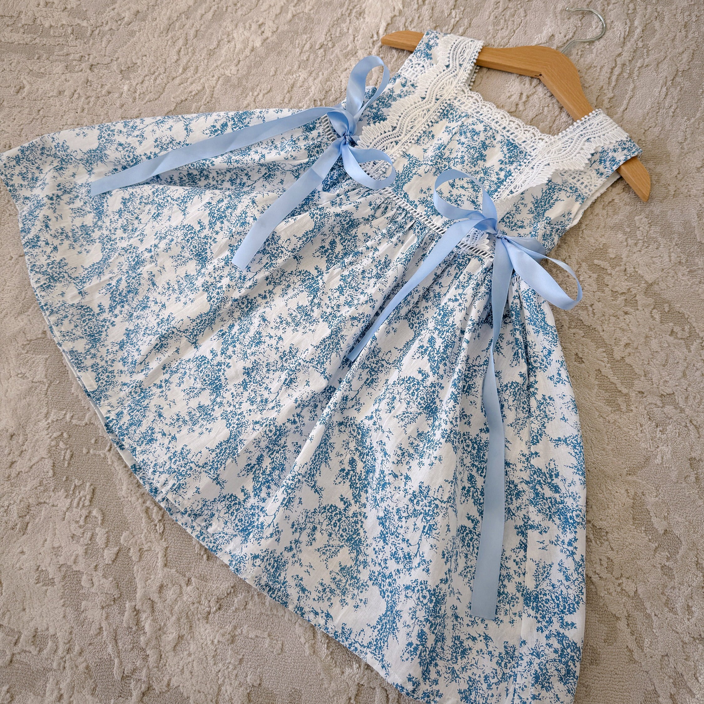 Toile De Jouy Girls' Dress: Blue Cotton Lace Dress With Ribbons - Etsy