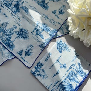 Pañuelo de algodón Toile de Jouy, regalo de boda para hombre y mujer, pañuelo para novio, azul francés y blanco, servilleta de tela
