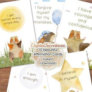 Cartões de Afirmação Positiva para Porquinhos-da-Índia - 10 Cartões 4x6 - Arquivo PDF para impressão - Cartões Motivacionais para Estudantes - Auto-Bondade - Download instantâneo