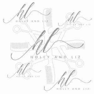 May include: A stylized logo for a hair salon called "Holly and Liz" with a design of scissors and combs.