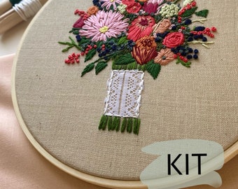 Custom hand embroidered KIT wedding bouquet / anniversary gift / floral bouquet kit / wedding bouquet wall decor/ custom bouquet kit