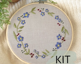 Floral Wreath Embroidery Kit: Violet Flowers, DIY Craft, Beginner Friendly