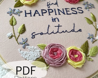 Find Happiness in Solitude embroidery pattern PDF, Digital embroidery pattern, Digital download hand embroidery, Floral embroidery pattern