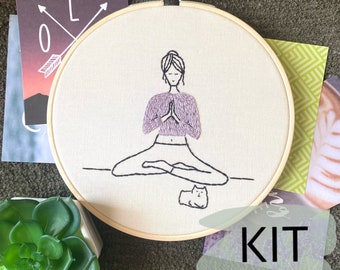 Peaceful Prayer hand embroidery kit, yoga embroidery kit, DIY embroidery craft kit, embroidery tutorial, how to embroider, Sukhasana art