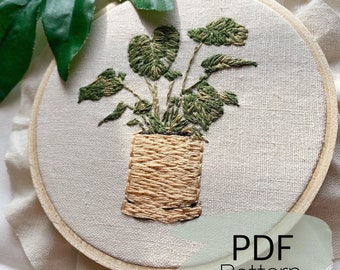 Motif de broderie PDF plante Monstera, motif PDF en téléchargement numérique, motif de broderie à la main, broderie botanique, broderie florale