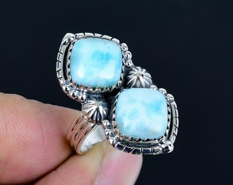 Larimar Dubbel Ädelstensring Massivt 925 Sterling Silver, Kuddeformad Boho Smycken För Unisex