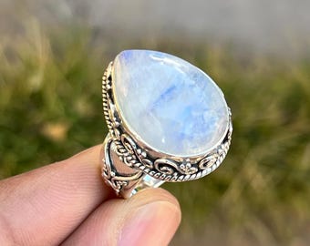 Pear Rainbow Moonstone Ring  925 Sterling Silver Pear Shape Statement Jewelry