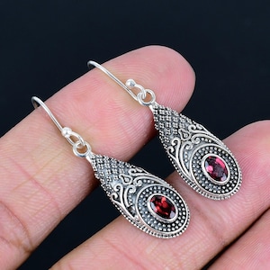 Red Garnet Gemstone Earrings || 925 Sterling Silver || Teardrop Dangle Oxidized Traditional Jewelry