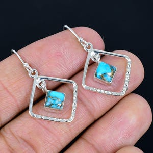 Blue Turquoise Gemstone  Drop Earrings: Hammered 925 Sterling Silver Dangle