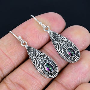 Mystic Topaz Gemstone  Teardrop Earrings: Oxidized 925 Sterling Silver Dangles