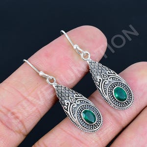 Green Onyx Oxidized Sterling Silver Teardrop Dangle Drop Earrings: