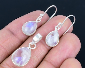 Rainbow Moonstone Pear Pendant & Earrings Solid 925 Sterling Silver Teardrop Shape Jewelry For Woman
