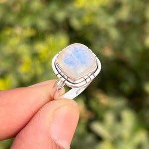 Rainbow Moonstone Gemstone Silver Ring | 925 Sterling Silver | Cushion Shape Gemstone | Statement Ring | Silver Ring For Gift Women & Girls