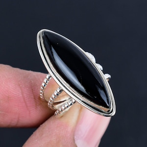 Black Onyx Marquise Gemstone Ring: 925 Sterling Silver Statement Jewelry