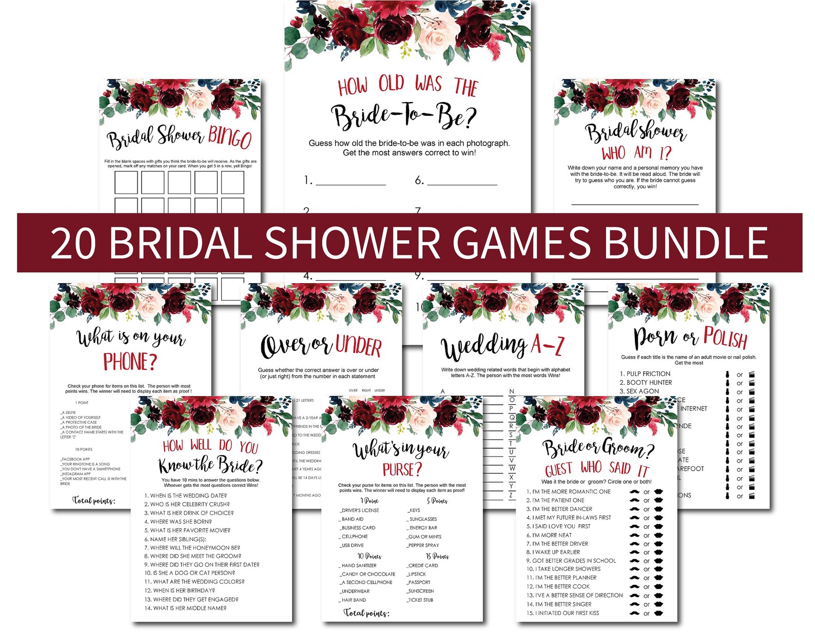 Bridal Shower Game 20 Games Bundle Bridal Shower Package Etsy