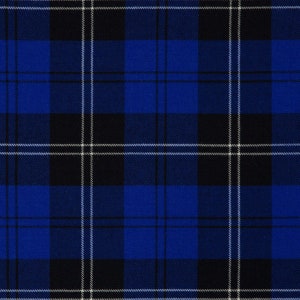 May include: A blue, black, and white plaid fabric with a repeating pattern.