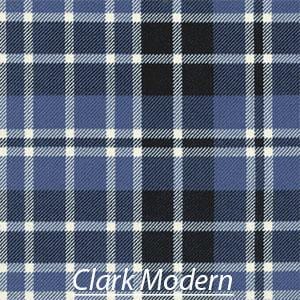 May include: A blue, black, and white tartan fabric with the text "Clark Modern" printed at the bottom.