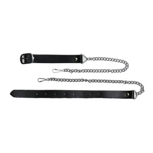 May include: Black leather strap with a silver buckle and a silver chain. The strap has a triangular metal piece at one end and a loop at the other end.