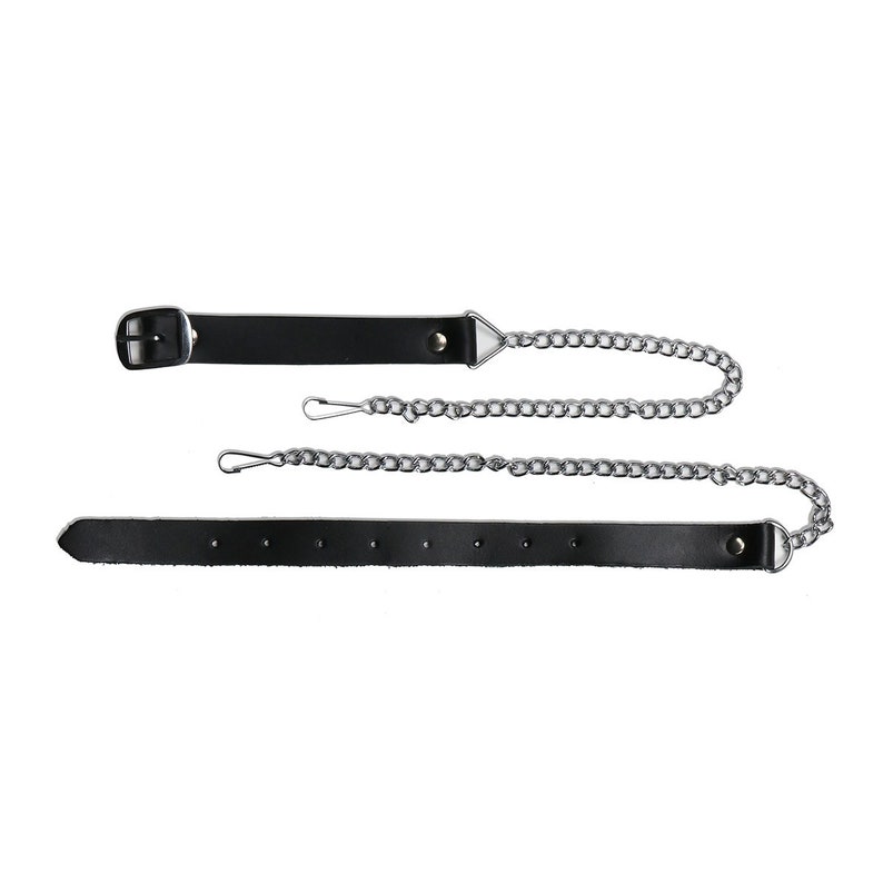 May include: Black leather strap with a silver buckle and a silver chain. The strap has a triangular metal piece at one end and a loop at the other end.