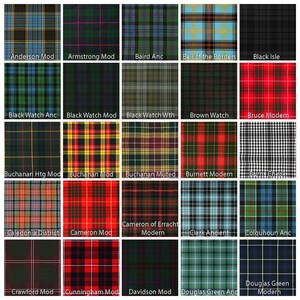 May include: A chart of 25 different tartan patterns, each with a name below it. The tartans are a variety of colours, including red, green, blue, black, and yellow.