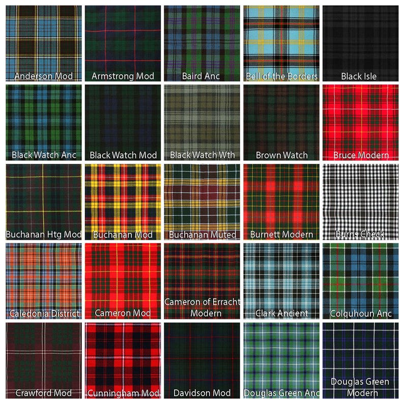 May include: A chart of 25 different tartan patterns, each with a name below it. The tartans are a variety of colours, including red, green, blue, black, and yellow.