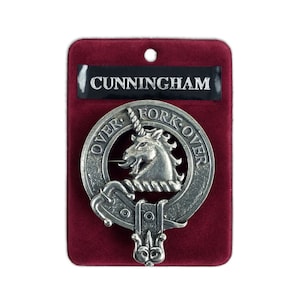 Cunningham Cap Badge - Pewter Clan Crest Badge - Gaelic Themes Cap Badge or Brooch - Over Fork Over