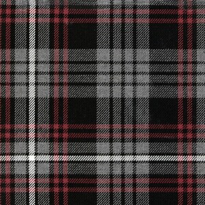 May include: A black, grey, and red tartan fabric with a woven texture.