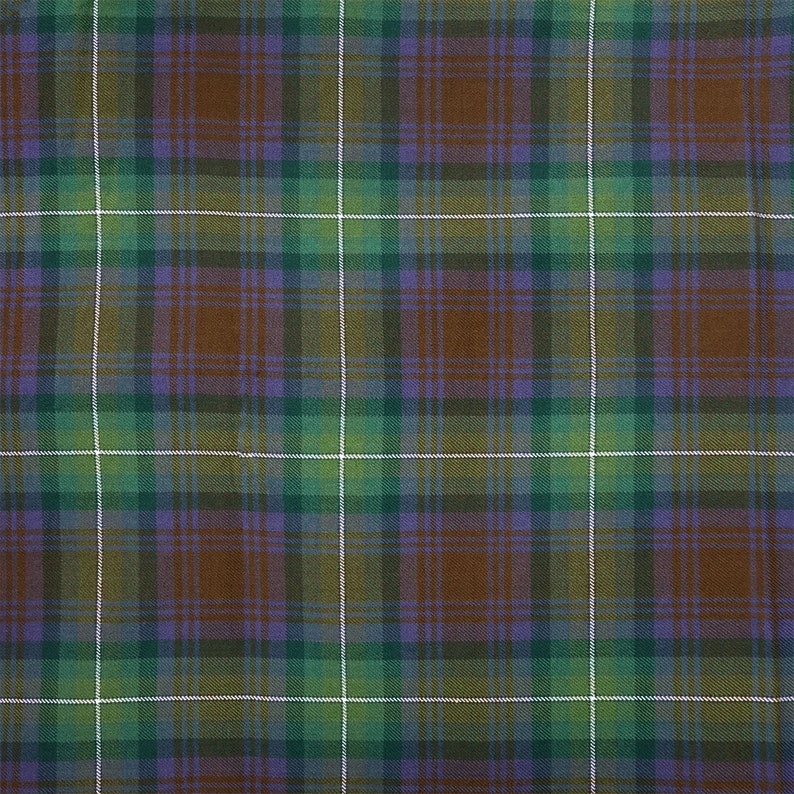 May include: A green, brown, and purple plaid fabric with a white thread woven throughout.