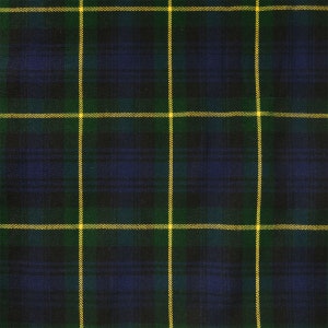 May include: A plaid fabric with a dark blue, green, and yellow pattern. The fabric has a woven texture.