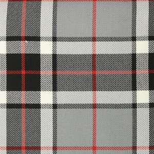 May include: A black, white, and red plaid fabric with a subtle texture. The fabric has a repeating pattern of squares and rectangles.