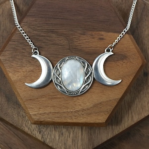 Triple Moon Necklace | Made in Cornwall | Rainbow Moonstone and Pewter Setting