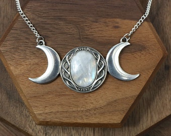 Triple Moon Necklace | Made in Cornwall | Rainbow Moonstone and Pewter Setting