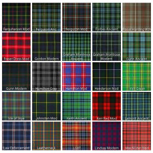 May include: A chart of 25 different tartan patterns, each with a name below it. The tartans are a variety of colours, including red, green, blue, black, and white.