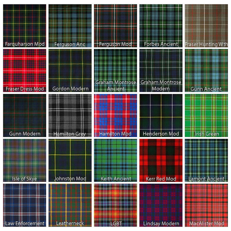 May include: A chart of 25 different tartan patterns, each with a name below it. The tartans are a variety of colours, including red, green, blue, black, and white.
