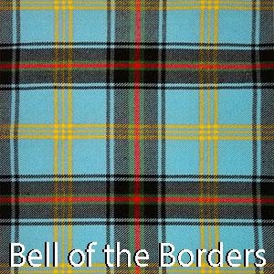 May include: Close-up of a fabric with a plaid pattern. The design features a light blue background with intersecting lines in black, yellow, red, and green. The text "Bell of the Borders" is at the bottom.