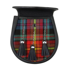 May include: A black leather sporran with a red, yellow, green, and blue tartan pattern. The sporran has three black tassels with silver metal accents.