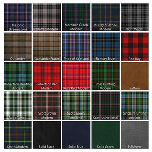 May include: A chart displaying 25 different tartan patterns, each with a name and description. The tartans are arranged in a grid of five rows and five columns. The tartans are all different colours and patterns, and they are all traditional Scottish tartans.