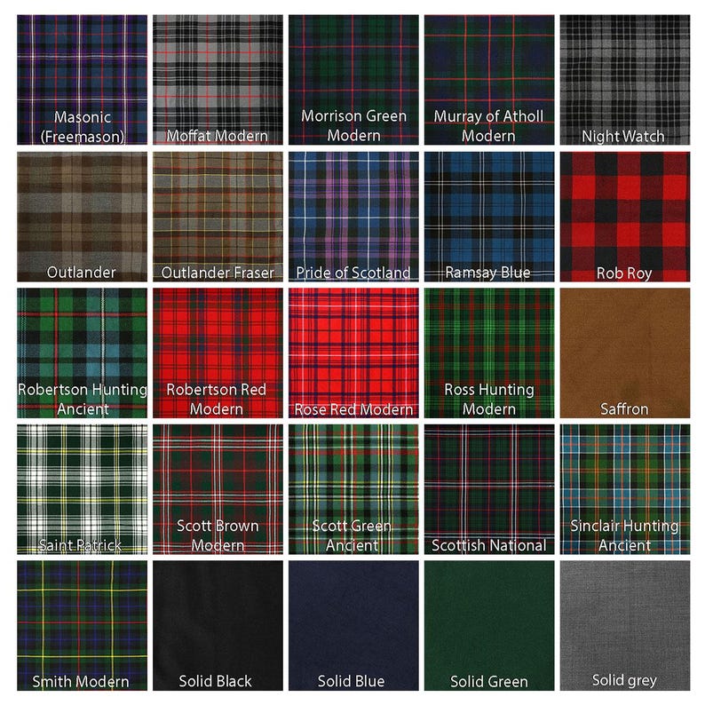 May include: A chart displaying 25 different tartan patterns, each with a name and description. The tartans are arranged in a grid of five rows and five columns. The tartans are all different colours and patterns, and they are all traditional Scottish tartans.
