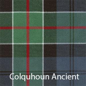 May include: A traditional Scottish tartan fabric in the Colquhoun Ancient pattern. The fabric features a repeating pattern of green, black, blue, and red stripes.