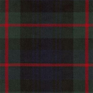 May include: A dark green, blue, and red tartan fabric with a repeating plaid pattern.