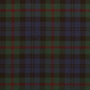 May include: A dark green, blue, and red tartan fabric with a woven plaid pattern.