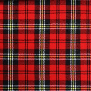 May include: Red and black tartan fabric with thin white and yellow stripes.