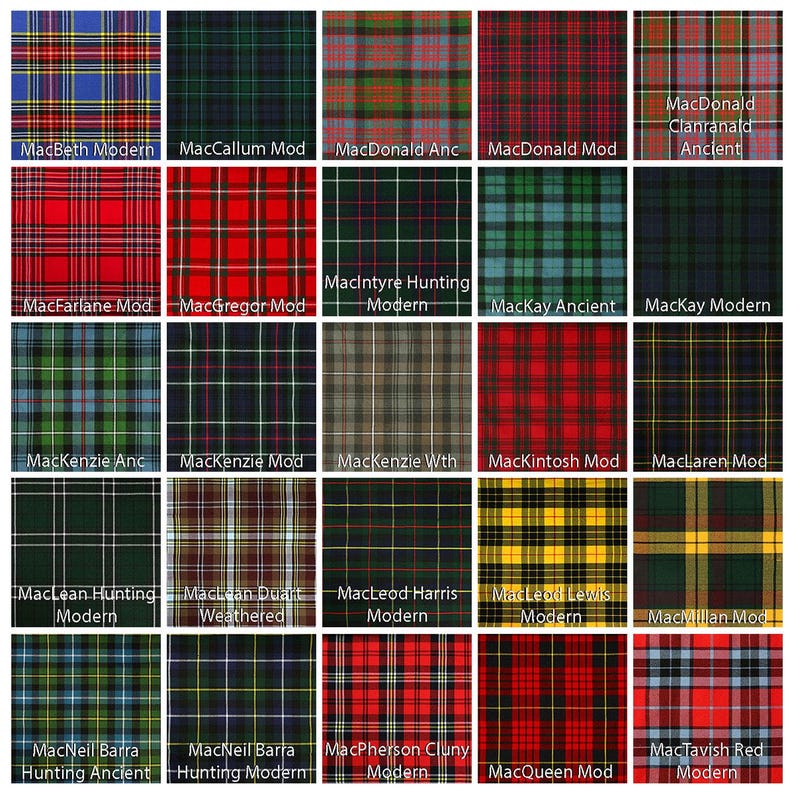 May include: A chart of 25 different tartan patterns, each with a name and description. The tartans are arranged in a grid of five rows and five columns. The tartans are all different colours and patterns, and they are all very detailed.