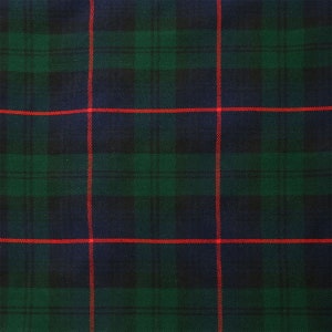 May include: A close-up of a green and blue plaid fabric with thin red stripes. The fabric has a woven texture.