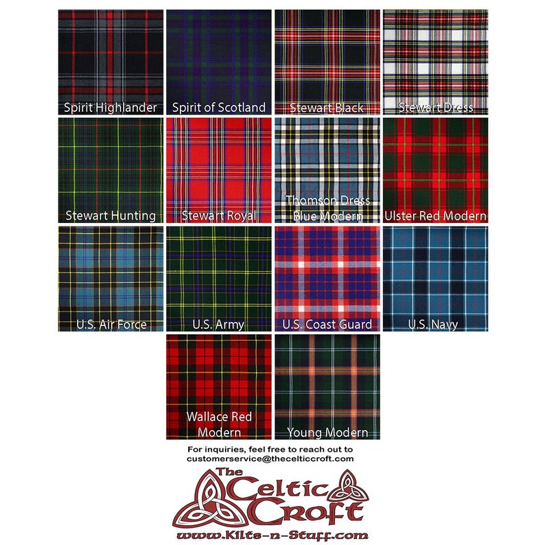 May include: A chart of 12 different tartan patterns, each with a name below it. The tartans are in a grid of 4 rows and 3 columns. The names of the tartans are: Spirit Highlander, Spirit of Scotland, Stewart Black, Stewart Dress, Stewart Hunting, Stewart Royal, Thomson Dress Blue Modern, Ulster Red Modern, U.S. Air Force, U.S. Army, U.S. Coast Guard, U.S. Navy, Wallace Red Modern, and Young Modern.