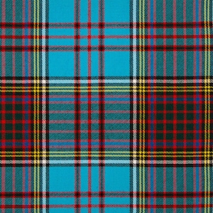 May include: A blue, green, red, and yellow plaid fabric with a repeating pattern.