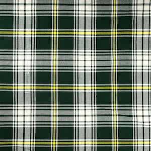 May include: A green, white, and yellow plaid fabric with a repeating pattern.