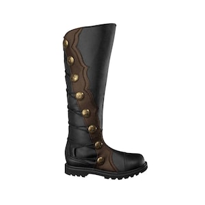 May include: Black leather knee-high boots with brown leather accents and gold-toned buttons. The boots have a lace-up front and a chunky sole.